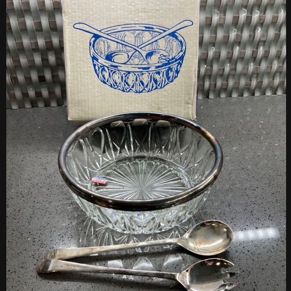 Italian Serving Set Of 3, Crystal Bowl And Silver Utensils made in France